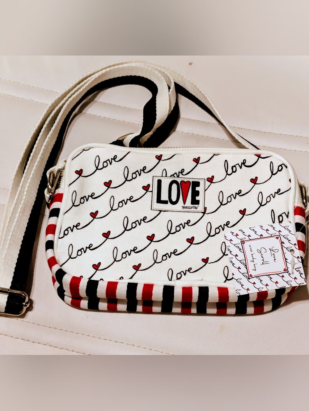NWT Brighton White Canvas LOVE crossbody with Red Hearts and Navy Stripes